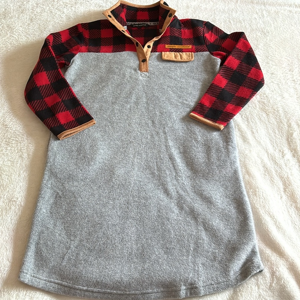 Simply Southern Red Buffalo Plaid Fleece Dress in size Youth Large